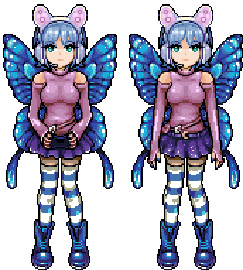 Lunati Senpai, looking awesome on the left playing video games. And looking super groovy on the right just standing there. She's rocking butterfly wings, mouse ear headphones, awesome skirt, her little pouch, groovy striped socks, and bitching boots.