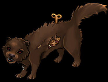 A weasel filled with clockwork, and a clock key sticking out of its back.