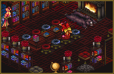 A gryphon studying in the middle of a crimson Library