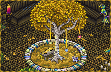 A giant golden tree, with a golden weasel and a bay gryphon resting under it. A heart with T & L engraved on the side.