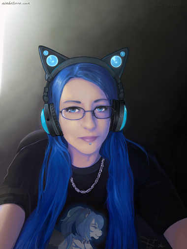 A painted portrait of the real Tacoma with long blue hair, glasses and cat ear headphones.